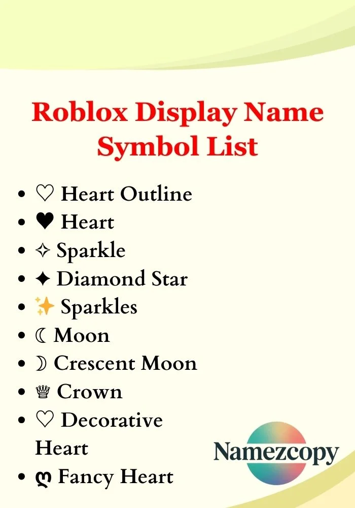 Roblox Display Name Symbol List